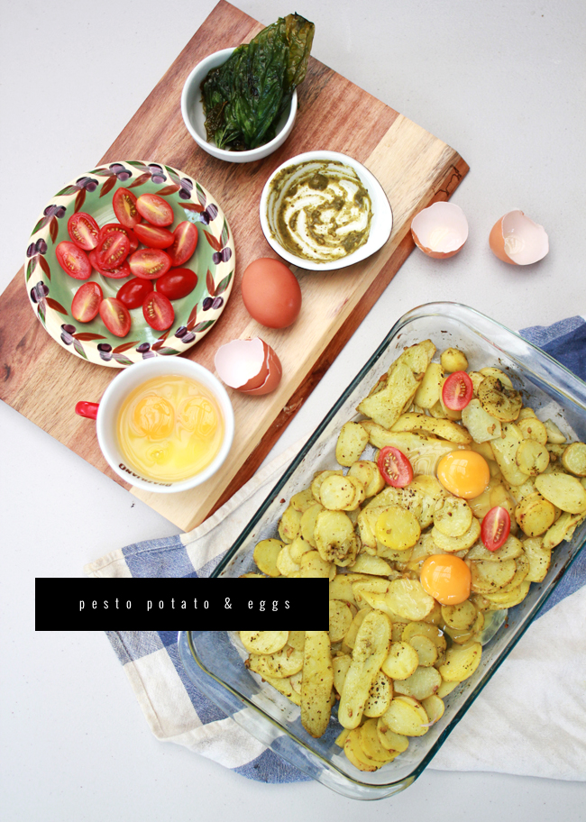 Pesto Potato and Egg with fried basil and tomato (via www.fishfishme.eu.com)
